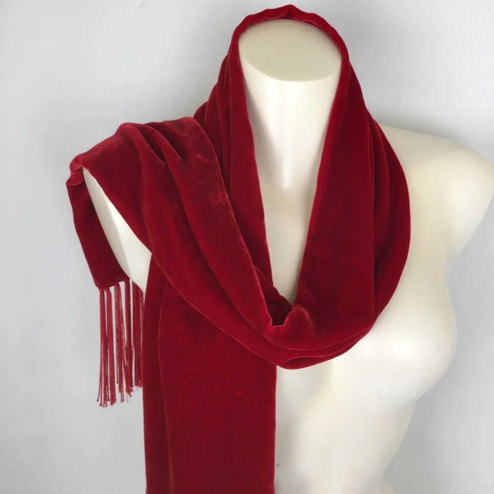 Cejon Accessories Red Velvet Scarf Silk Blend With Fringe